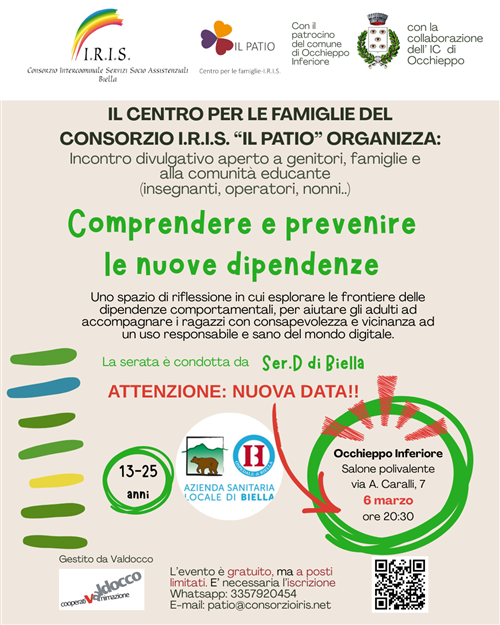 Centro per le Famiglie: EVENTO SULLE DIPENDENZE del 23/01/2026 a Occhieppo Inf. - RINVIATO AL 09/03/2026. Confermato l'incontro del 31 gennaio a Graglia "QUESTA CASA NON E' UNA CHAT".